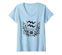 Mujer Aquarius The Water Bearer - Gráfico floral del zodiaco Camiseta Cuello V
