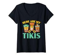 Mujer Aquí están mis Tikis Hawaiian Luau Party Tiki Bar Camiseta Cuello V