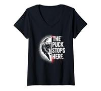 Mujer Aquí Se Detiene el Puck - Diseño de Portero de Hockey Camiseta Cuello V