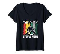 Mujer Aquí Se Detiene el Puck - Diseño de Portero de Hockey Camiseta Cuello V