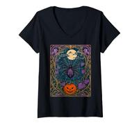 Mujer Araña Art Nouveau Calabaza Luna de Halloween Camiseta Cuello V