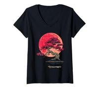 Mujer Árbol bonsái japonés Naturaleza Retro Sol Estilo Zen Camiseta Cuello V