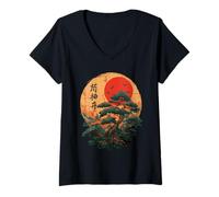Mujer Árbol bonsái japonés Retro Sun Zen caligrafía pájaros Camiseta Cuello V