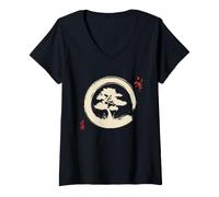 Mujer Árbol Bonsái Zen Enso Circle Japonés Pincel Arte Estético Camiseta Cuello V