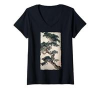 Mujer Árbol de bonsái zen japonés pintura de tinta vintage regalo de arte Camiseta Cuello V