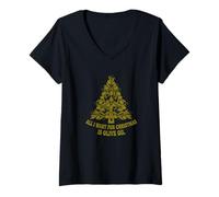 Mujer Árbol De Navidad Aceite De Oliva Mediterráneo Amantes De La Comida Camiseta Cuello V