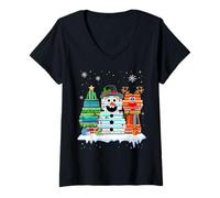 Mujer Árbol de Navidad Muñeco de Nieve Reno Libro Stack tee Bibliotecario Camiseta Cuello V
