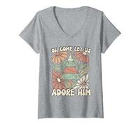 Mujer Árbol de Navidad Retro Oh Come Let Us Adore Him Floral Camiseta Cuello V