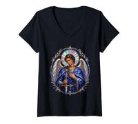 Mujer Arcángel Miguel Manto Azul Arte Sagrado Devocional Camiseta Cuello V