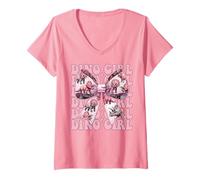 Mujer Arco de Coqueta Dino Girl Triceratops Dinosaur Girl Camiseta Cuello V
