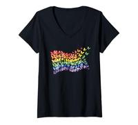 Mujer Arco Iris Bandera Mariposas Gay Orgullo Mes Arte Homosexualidad Camiseta Cuello V