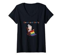 Mujer Arcoíris del Mes del Orgullo de Tejer Queer and Crafty de Grandma Core Camiseta Cuello V