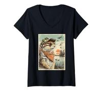 Mujer Ardilla con Gafas de Sol Cazador de Pato Retro Atardecer Camiseta Cuello V