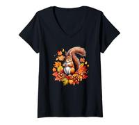 Mujer Ardilla de otoño Woodland Pet Fall Leaf Bellotas Acción de Gracias Camiseta Cuello V