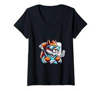 Mujer Ardilla Genial Con Gafas Y Palo Hockey Camiseta Cuello V