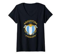 Mujer Argentina en Mi Corazón Corazón Patriótico con Sol y Bandera Camiseta Cuello V