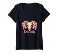 Mujer Aries Baby Coquette Zodiac Ram Skull Pink Ribbon Astrología Camiseta Cuello V