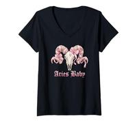 Mujer Aries Baby Zodiac Coquette Ram Skull Pink Ribbon Astrología Camiseta Cuello V