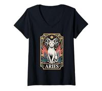 Mujer Aries Cat Zodiac Ram Cuernos Fuego Flores Estrellas Camiseta Cuello V