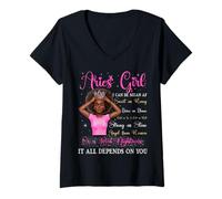 Mujer Aries Girl Black Queen Zodiac Birthday Afro Mujer Rosa Camiseta Cuello V