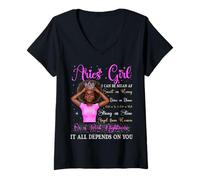 Mujer Aries Girl Black Queen Zodiac Cumpleaños Afro Mujeres Púrpura Camiseta Cuello V