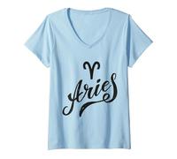 Mujer Aries | Signos del zodíaco Camiseta Cuello V, Azul Bebé, XL