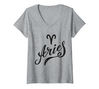 Mujer Aries | Signos del zodíaco Camiseta Cuello V, Gris Jaspeado, L