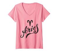 Mujer Aries | Signos del zodíaco Camiseta Cuello V, Rosado, M