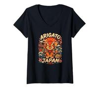 Mujer Arigato Japón Shisa Lion Viaje Souvenir Cultura Japonesa Camiseta Cuello V