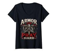 Mujer Armor Up Pray Hard Christian Warrior Knight Faith Camiseta Cuello V