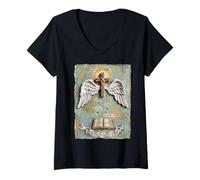 Mujer Arraigado en el Amor de Dios Cristo Cruz alas Biblia Camiseta Cuello V
