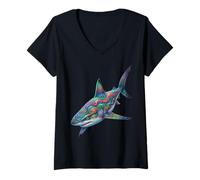 Mujer Arrecife Tiburón Océano Peces Vida Marina Acuario Camiseta Cuello V