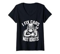 Mujer Arreglo Coches No Idiotas Mecánico Reparación Automotriz Chicos Camiseta Cuello V