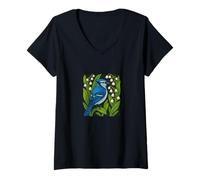 Mujer Arrendajo Azul y Lirio del Valle Observación de Aves Naturaleza Arte Camiseta Cuello V