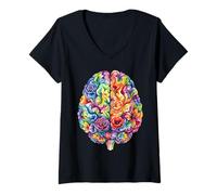 Mujer Arte Abstracto de anatomía Cerebral Floral Camiseta Cuello V