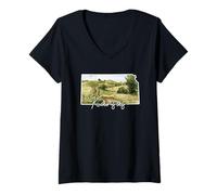 Mujer Arte Acuarela Paisaje de Kansas con Encanto Rural Camiseta Cuello V