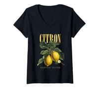Mujer Arte botánico de Frutas orgánicas con Sabor Tropical a limón Vintage Camiseta Cuello V