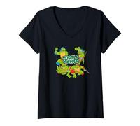 Mujer Arte cómico Retro de TMNT Heroes Half Shell Turtle Power Pose Camiseta Cuello V