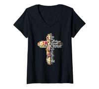Mujer Arte con Forma de Cruz Floral con el Mensaje «Puedo Hacer Todas Las Cosas a través de Cristo» Camiseta Cuello V