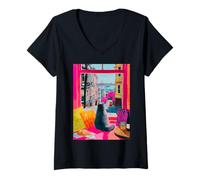 Mujer Arte con Ventana para Gatos de San Francisco con Vista a la Ciudad Camiseta Cuello V
