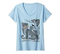 Mujer Arte Coreano Tigre y urraca Vintage Coreano Minhwa Camiseta Cuello V