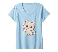 Mujer Arte Curioso de Gato Kawaii. Diseño Minimalista de Mascotas. Camiseta Cuello V