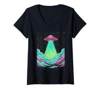 Mujer Arte de Abducción de Ovnis con Luz Colorida Camiseta Cuello V