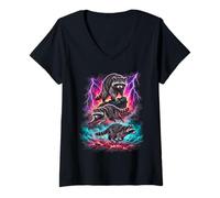 Mujer Arte de acción de Raccoon Lightning Wildlife Camiseta Cuello V