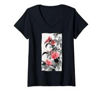 Mujer Arte de Acuarela de Lavado de Tinta Japonesa con Flores de Camelia Rosa Camiseta Cuello V