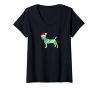 Mujer Arte de Collage de Medios Mixtos Perro Puppy en Santa Hat Merry Ho Ho Camiseta Cuello V