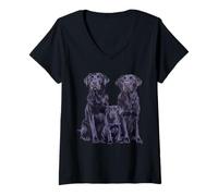 Mujer Arte de Dibujo de Familia de Cachorros Labrador Retriever Negro. Camiseta Cuello V