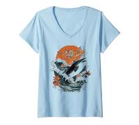 Mujer Arte de Estilo japonés de tiburón Montando Tigre Feroz Camiseta Cuello V