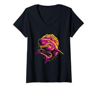 Mujer Arte de fantasía Oscura con un Feroz tiburón cósmico, Regalo para un depredador del océano Camiseta Cuello V