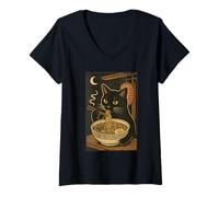 Mujer Arte de Fideos japoneses con gráfico de Gatos Midnight Ramen Ritual Camiseta Cuello V